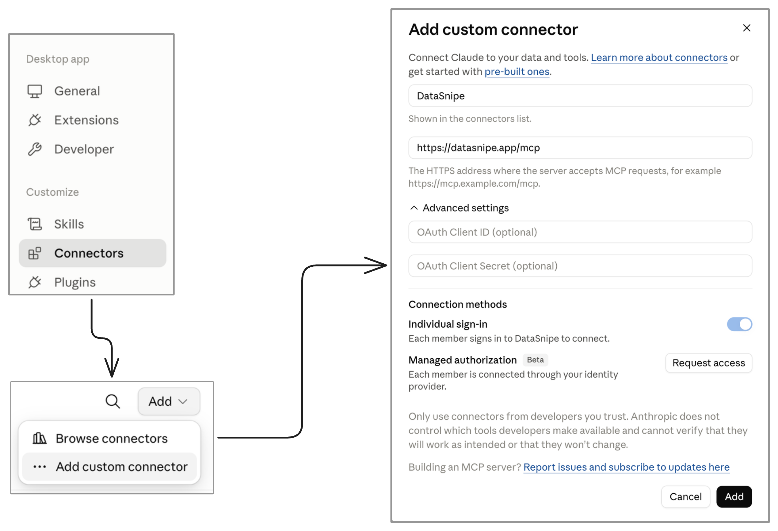 Claude.ai setup flow from Connectors to the custom connector form filled with the DataSnipe name and MCP server URL