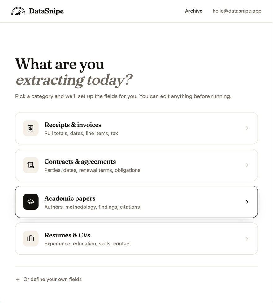 DataSnipe category picker with Academic papers selected