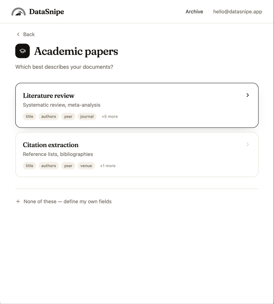 DataSnipe Academic papers workflow picker with Literature review selected