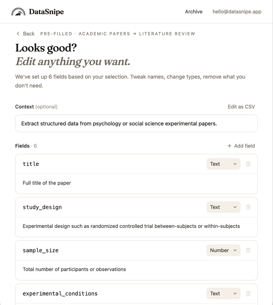 DataSnipe field review screen for an academic papers literature review