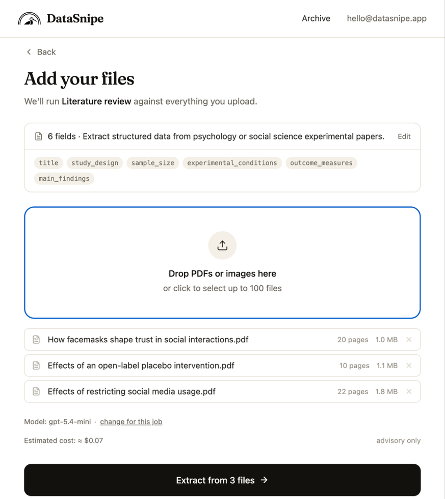 DataSnipe upload screen with three research papers and an estimated extraction cost