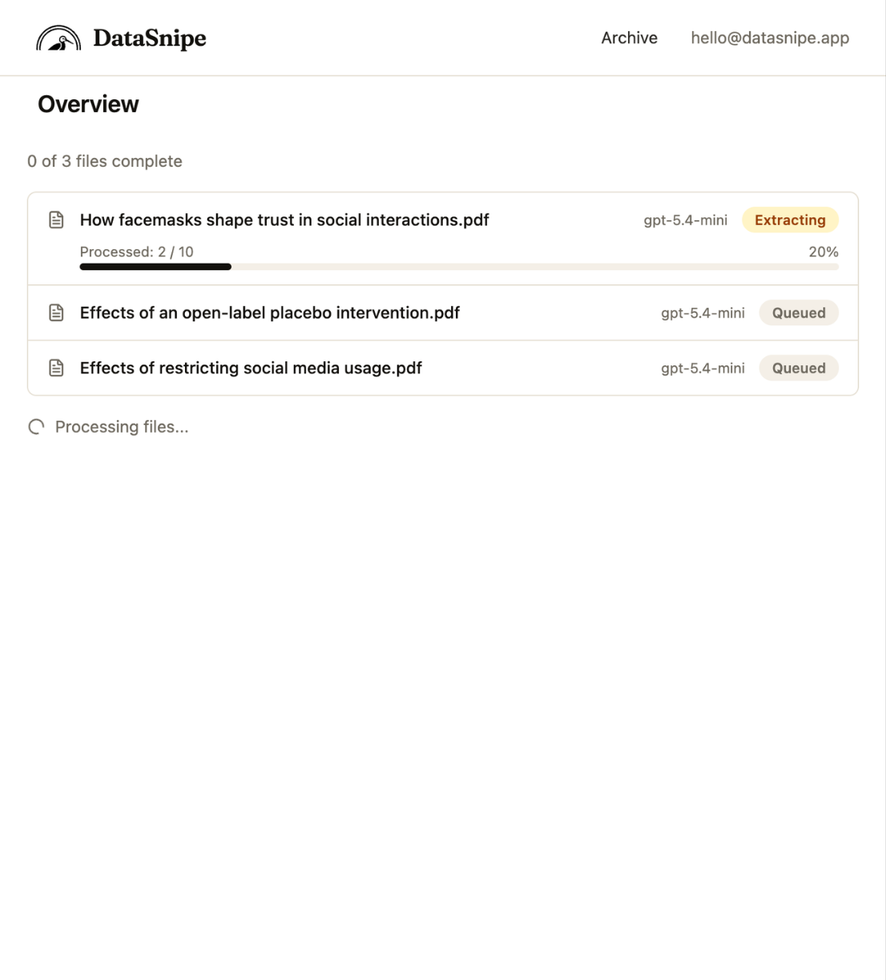 DataSnipe extraction progress screen showing queued and extracting papers