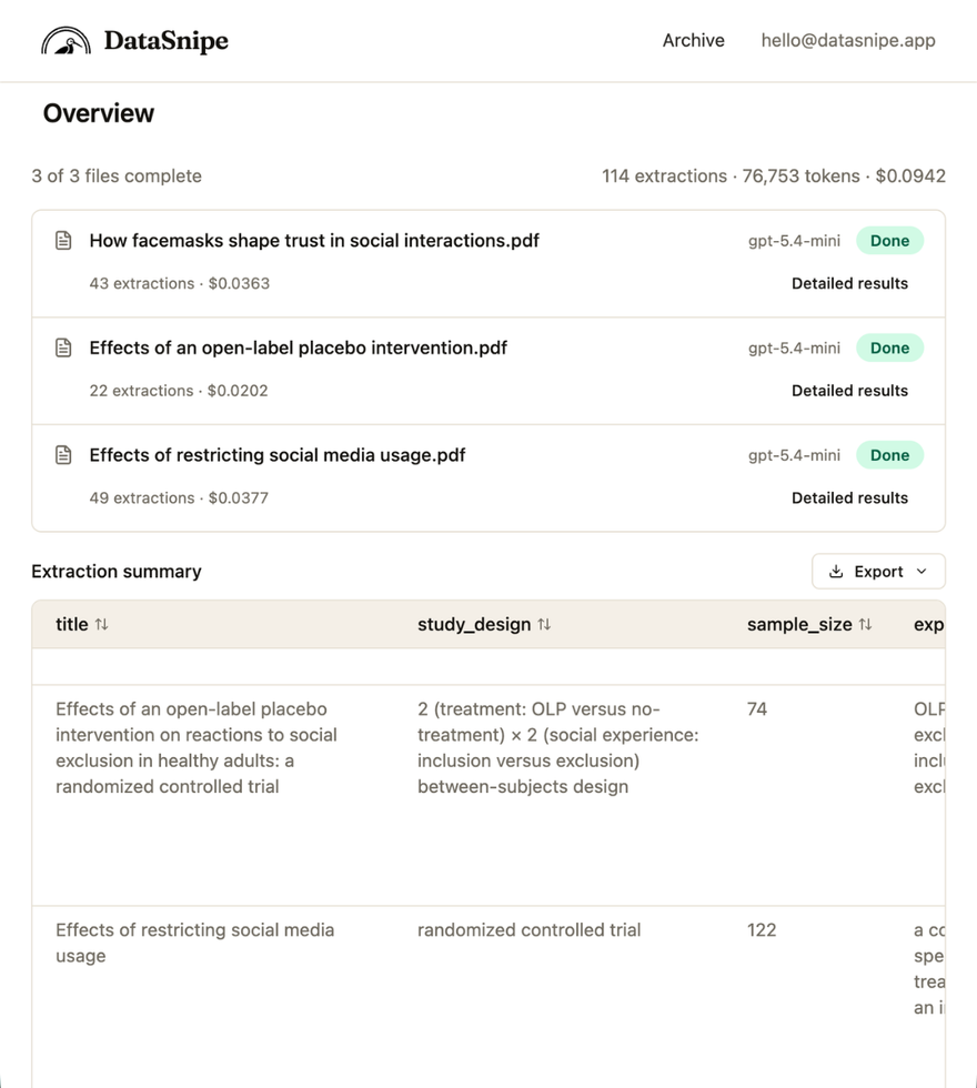 DataSnipe extraction completion screen with job summary and table preview