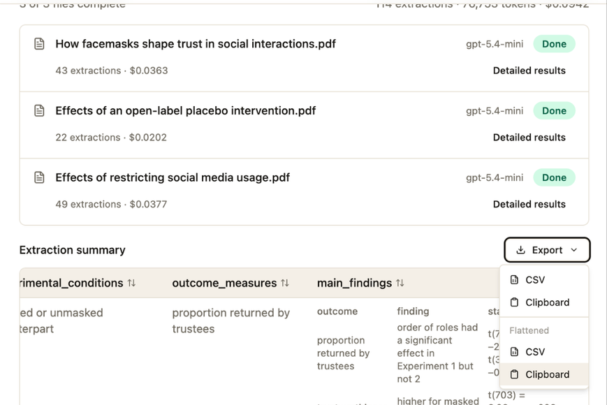 DataSnipe export menu showing CSV and clipboard export options