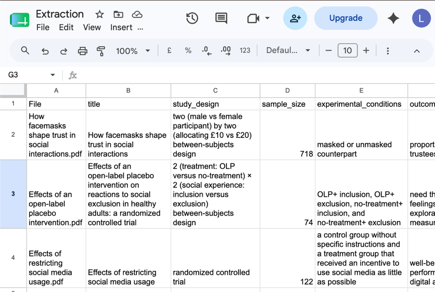 Exported research paper extraction opened in Google Sheets